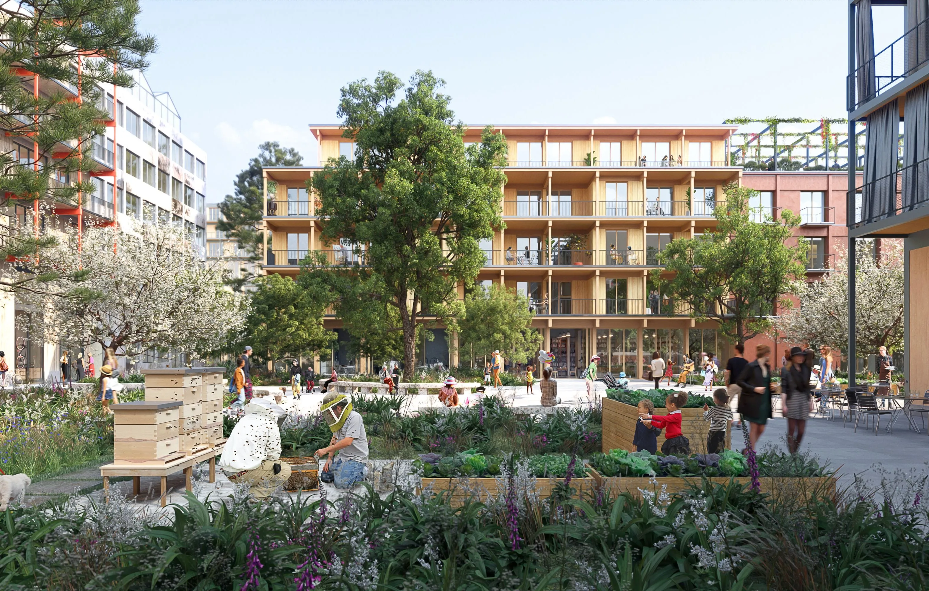 Multistory Timber Building with a lively neighborhood